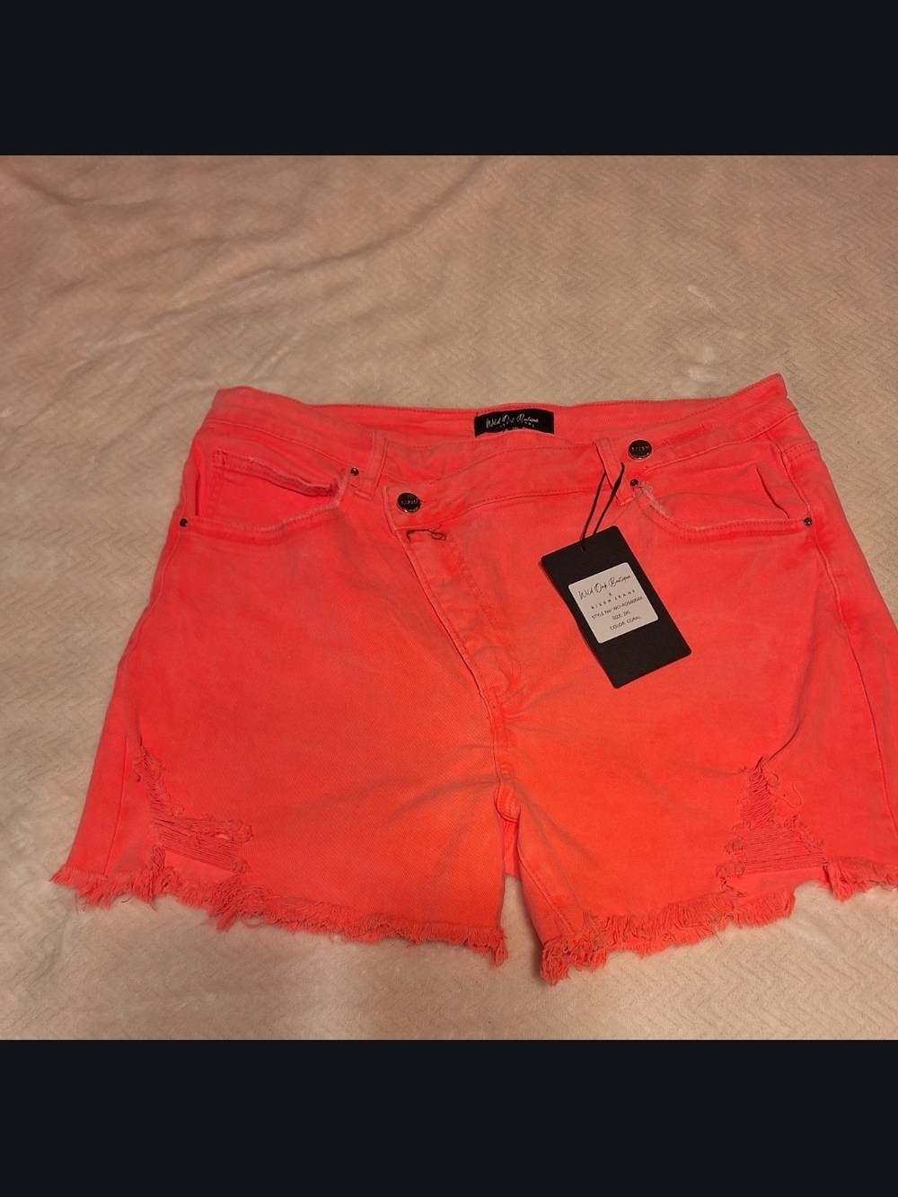 Neon Coral Distressed Women's Denim Shorts - Wild Oak Boutique 2X New